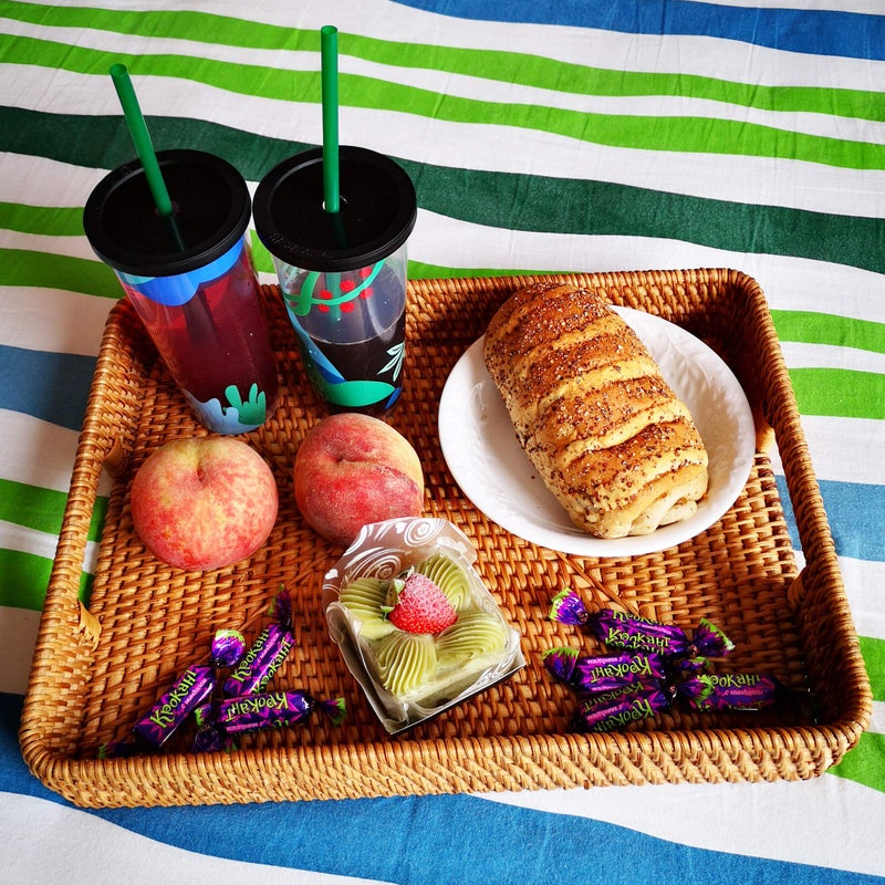i-lan 15 Inch Large Size Handwoven Serving Tray, Decorative Rectangular Rattan Basket Bread Trays with Handles and 2.3â€Wall, Vintage Organizer Plate Wicker Basket Tray for Dessert, Snack, Candy, L - Image 2